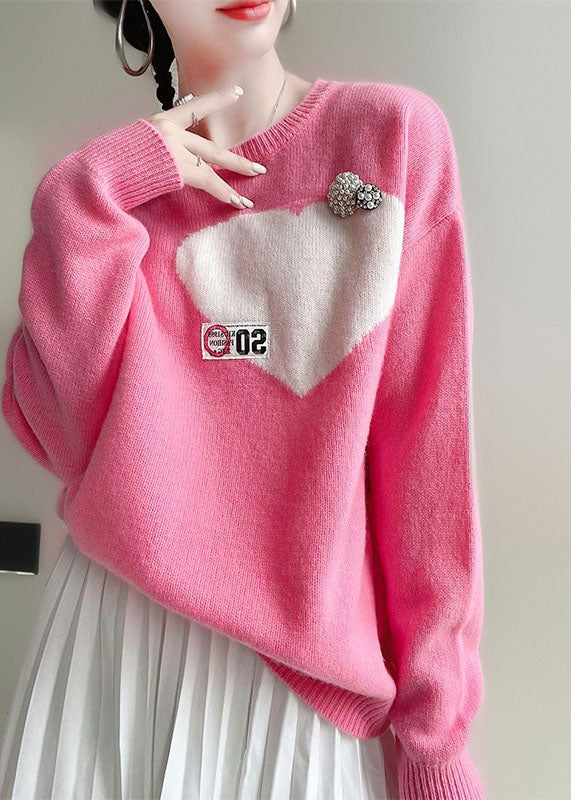 Pink O-neck Love Jacquard Nail Bead Knit Top Winter