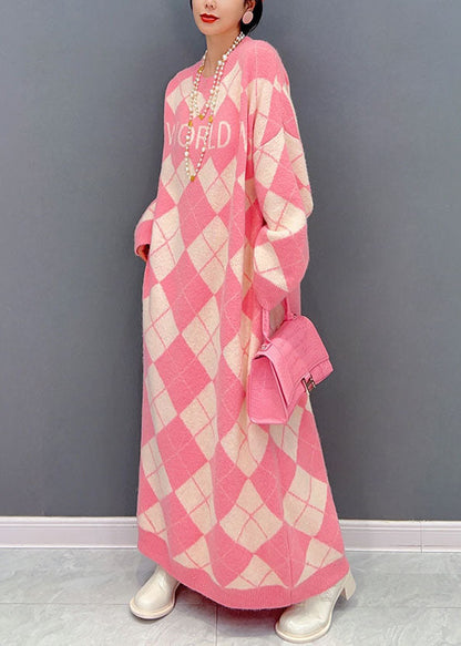 Pink O Neck Oversized Plaid Knit Long Dress Winter