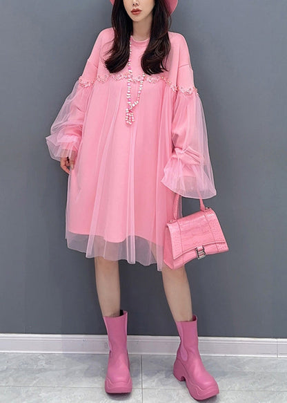 Pink O Neck Tulle Patchwork Cotton Mid Dresses Fall