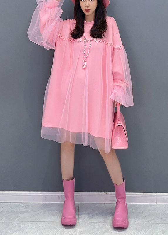 Pink O Neck Tulle Patchwork Cotton Mid Dresses Fall