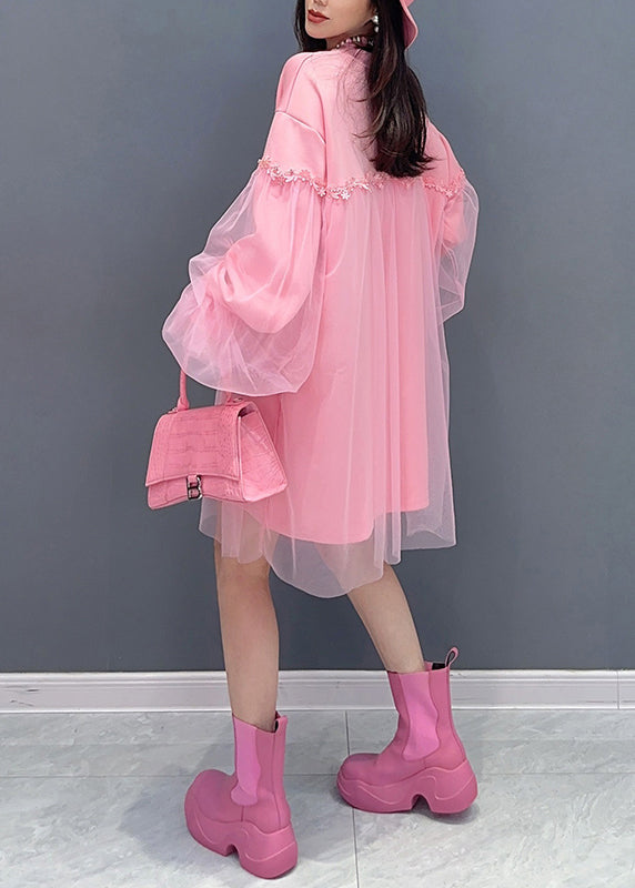 Pink O Neck Tulle Patchwork Cotton Mid Dresses Fall