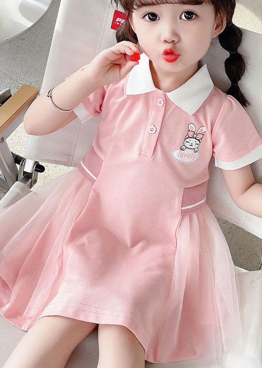 Pink Peter Pan Collar Tulle Patchwork Cotton Kids Dress Summer