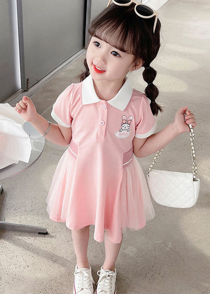 Pink Peter Pan Collar Tulle Patchwork Cotton Kids Dress Summer
