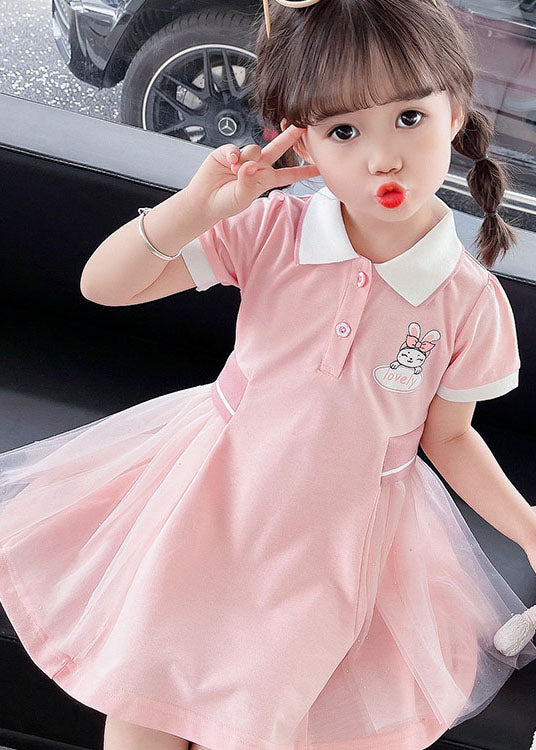 Pink Peter Pan Collar Tulle Patchwork Cotton Kids Dress Summer