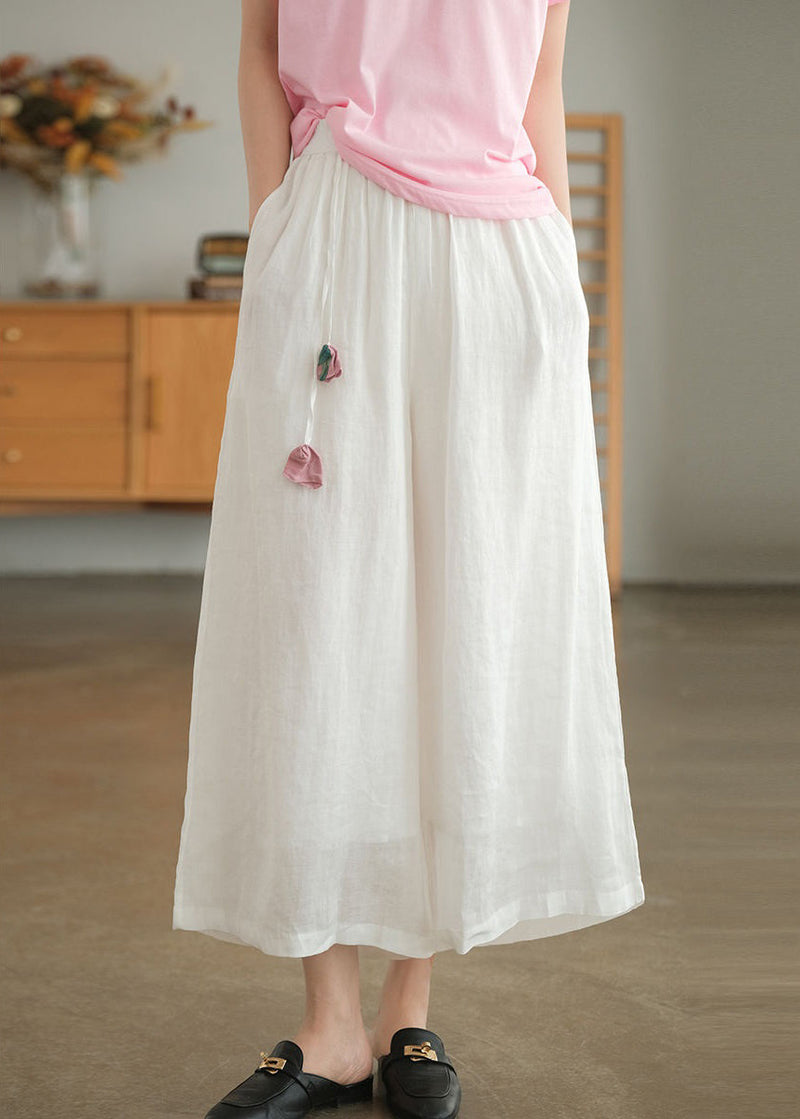 Pink Pockets Lace Up Elastic Waist Linen Wide Leg Pants Summer