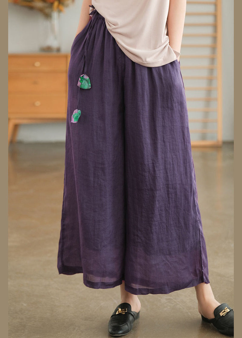 Pink Pockets Lace Up Elastic Waist Linen Wide Leg Pants Summer