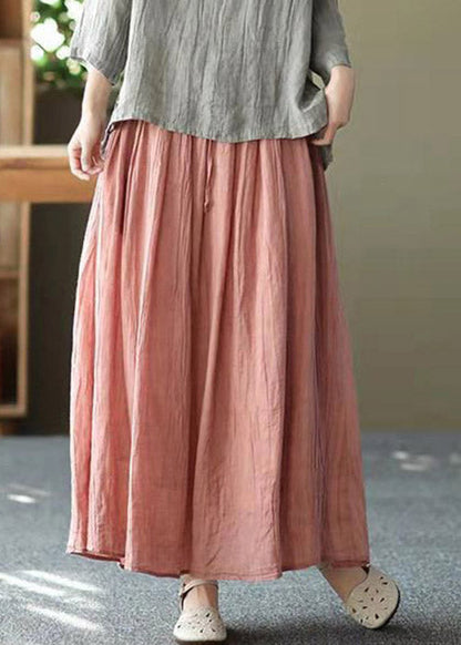 Pink Pockets Wrinkled Tie Waist Linen Skirt Summer