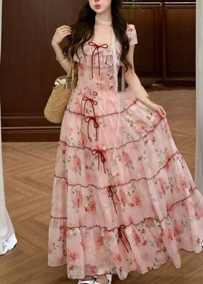 Pink Print Bow Chiffon Vacation Dresses Summer