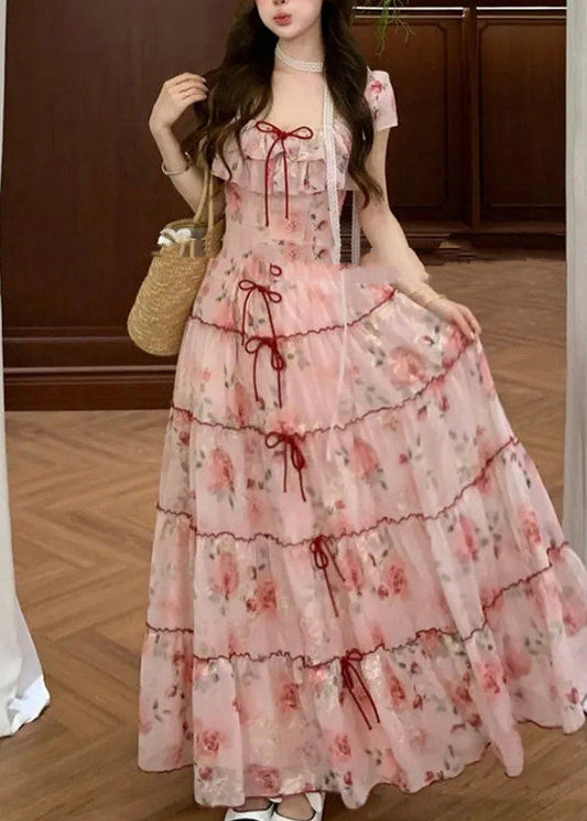 Pink Print Bow Chiffon Vacation Dresses Summer