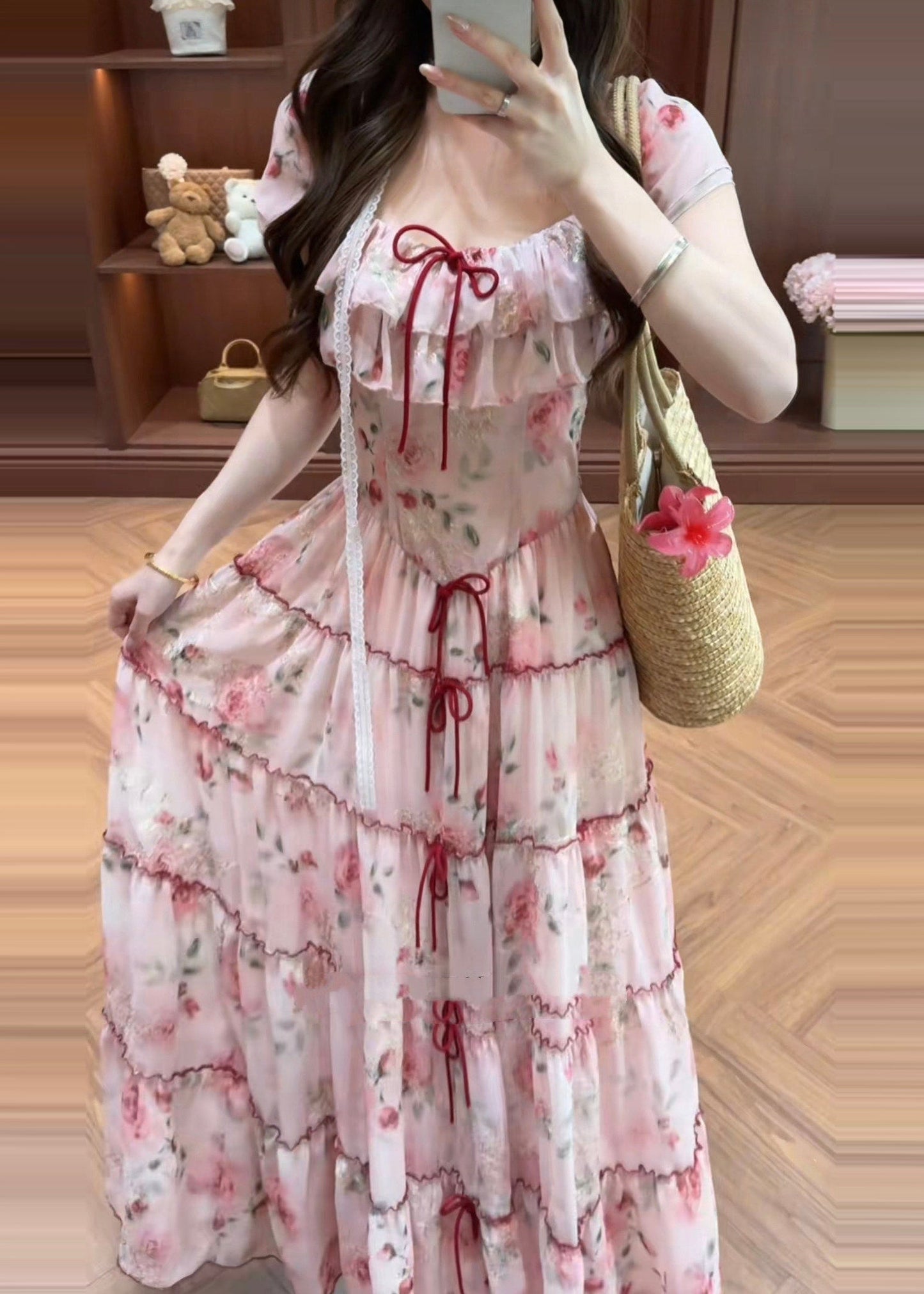 Pink Print Bow Chiffon Vacation Dresses Summer