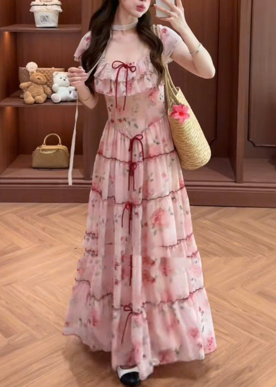 Pink Print Bow Chiffon Vacation Dresses Summer