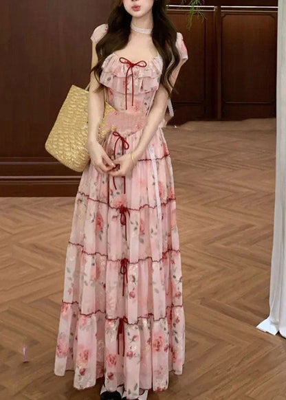 Pink Print Bow Chiffon Vacation Dresses Summer