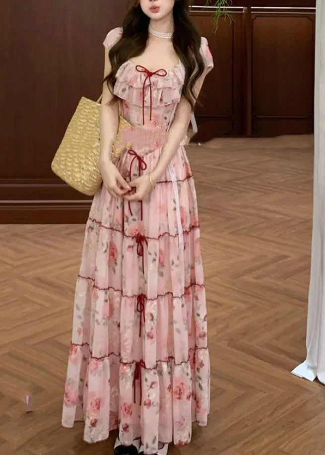 Pink Print Bow Chiffon Vacation Dresses Summer