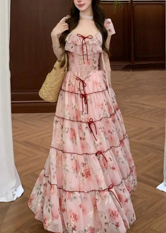 Pink Print Bow Chiffon Vacation Dresses Summer