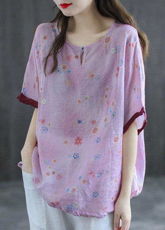 Pink Print Patchwork Summer Linen Shirt Half Sleeve