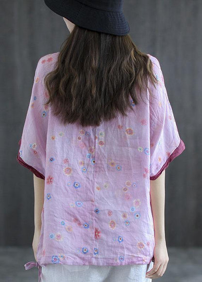 Pink Print Patchwork Summer Linen Shirt Half Sleeve