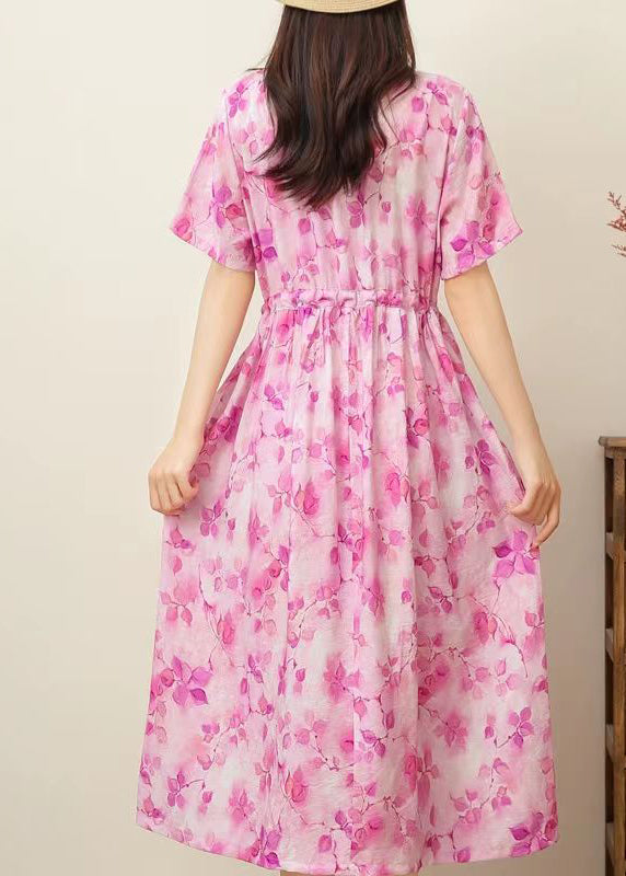 Pink Print Ruffled Patchwork Drawstring Silk Linen Long Dress Short Sleeve