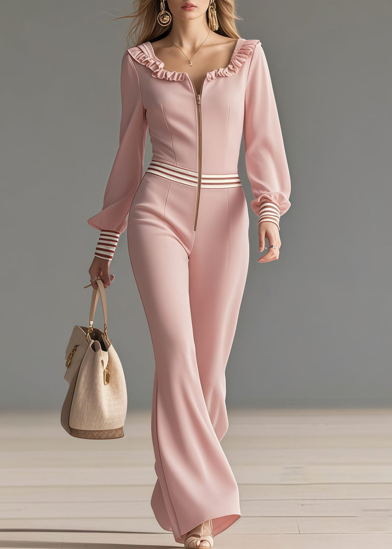 Pink Ruffled Patchwork Draping Chiffon Jumpsuit Spring