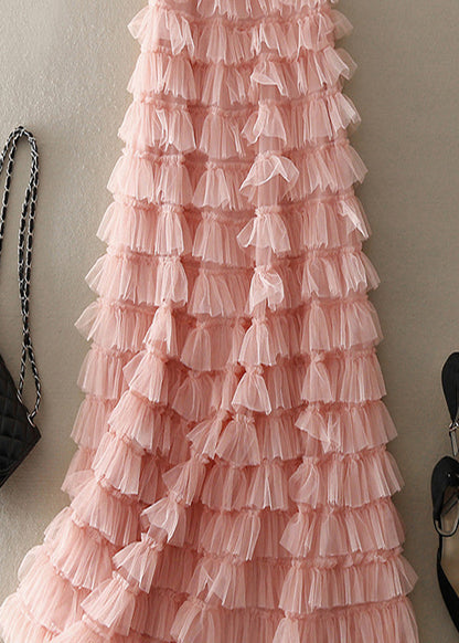 Pink Ruffled Patchwork Tulle Skirt Spring