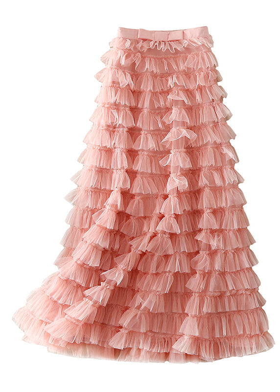 Pink Ruffled Patchwork Tulle Skirt Spring