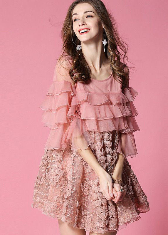 Pink Ruffles Patchwork Applique Tulle Dress Half Sleeve