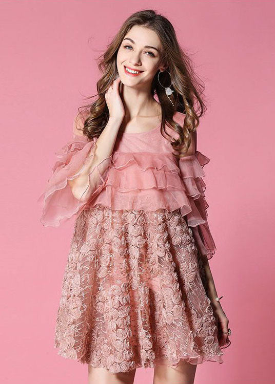 Pink Ruffles Patchwork Applique Tulle Dress Half Sleeve
