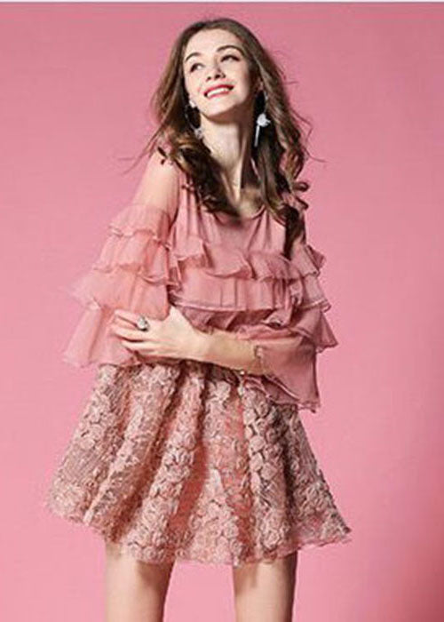 Pink Ruffles Patchwork Applique Tulle Dress Half Sleeve
