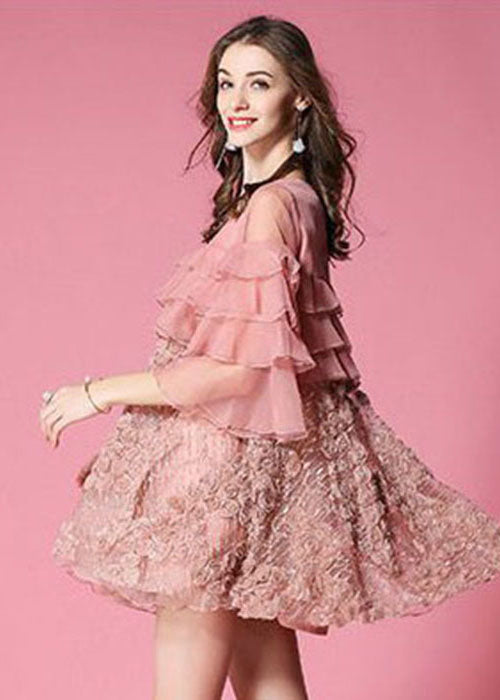 Pink Ruffles Patchwork Applique Tulle Dress Half Sleeve