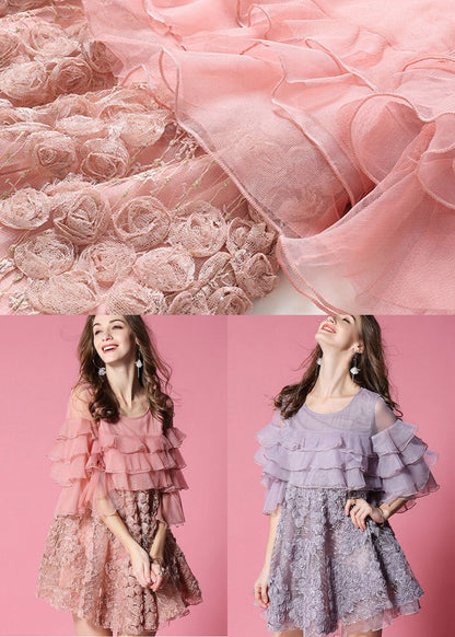 Pink Ruffles Patchwork Applique Tulle Dress Half Sleeve