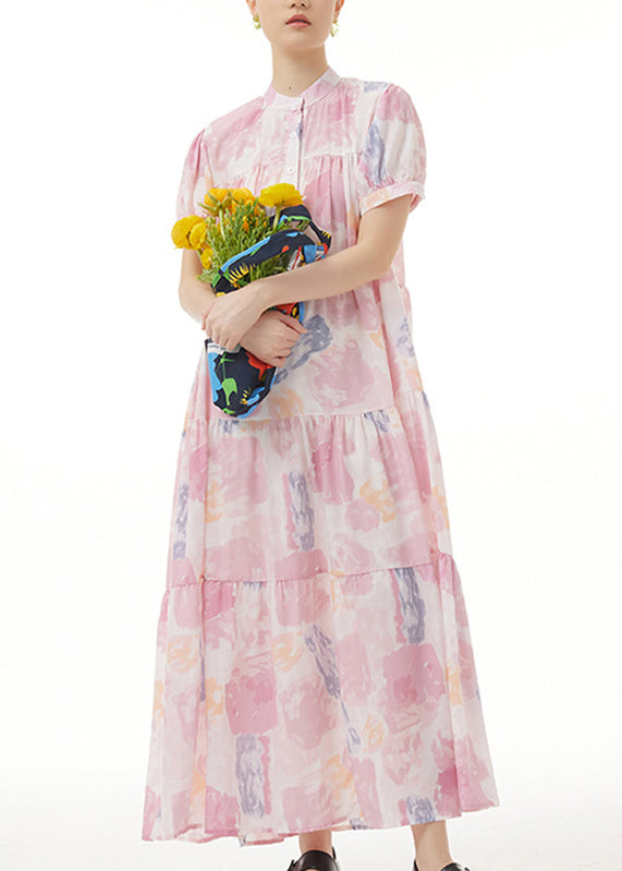 Pink Stand Collar Patchwork Maxi Dress Summer Short Sleeve