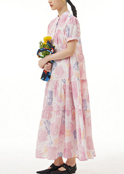 Pink Stand Collar Patchwork Maxi Dress Summer Short Sleeve