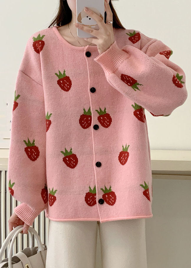 Pink Strawberry Cotton Knit Sweaters Coats Fall