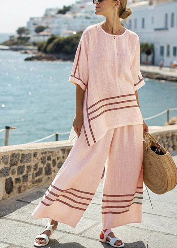 Pink Striped O-neck Side Open T Shirts and Wide Leg Pants Two Pieces Set Summer