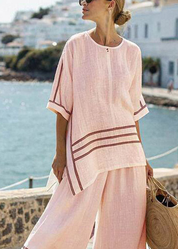 Pink Striped O-neck Side Open T Shirts and Wide Leg Pants Two Pieces Set Summer