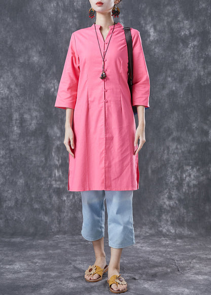 Pink V Neck Button Cotton Shirt Dresses Bracelet Sleeve