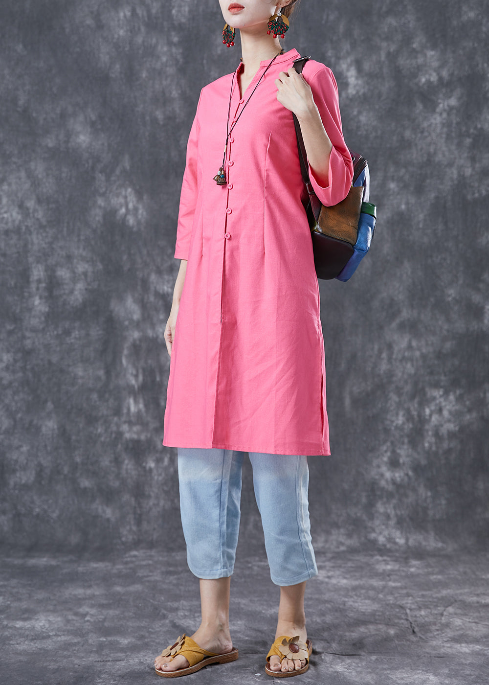 Pink V Neck Button Cotton Shirt Dresses Bracelet Sleeve