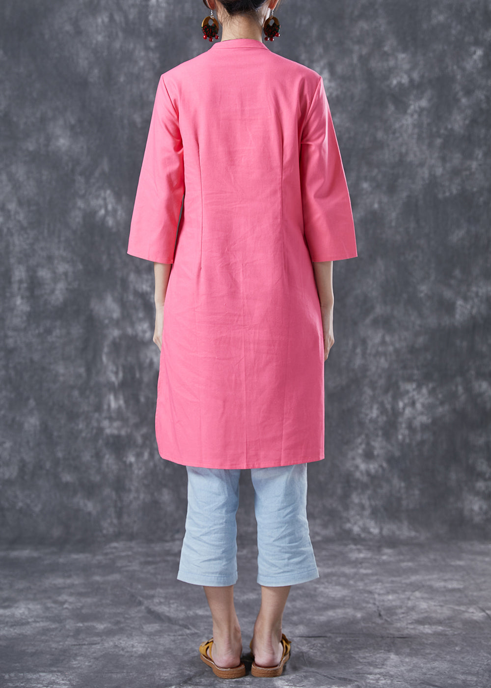 Pink V Neck Button Cotton Shirt Dresses Bracelet Sleeve