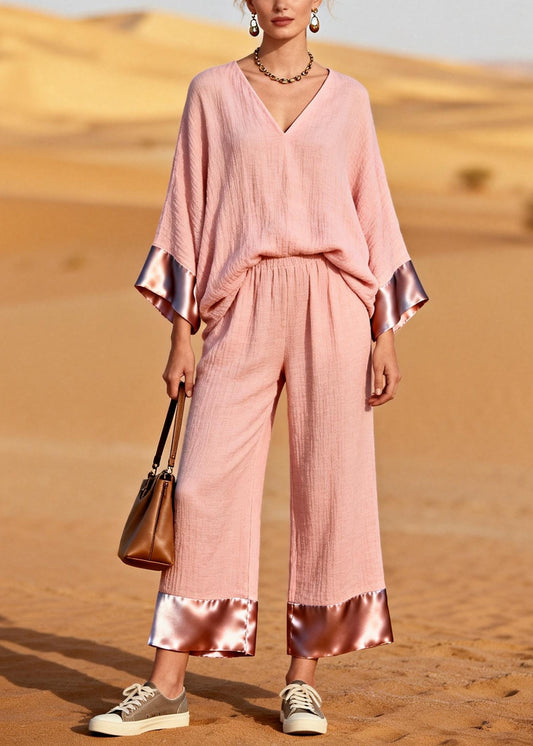 Pink V Neck Patchwork Cotton Two Piece Set Clothing Spring