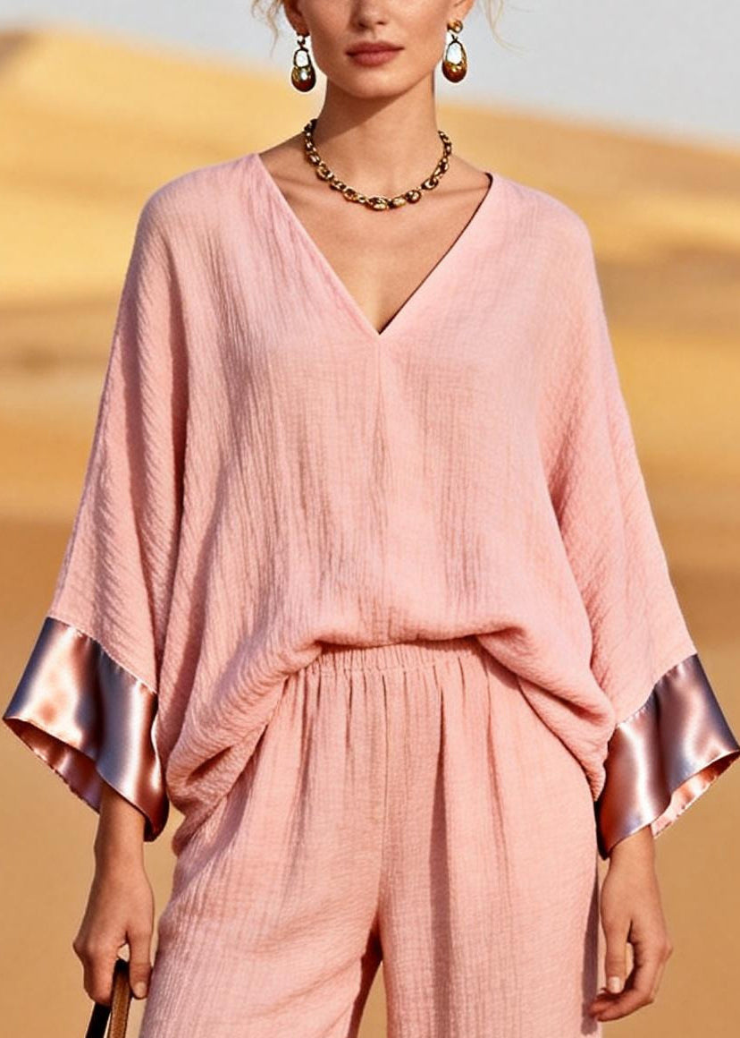 Pink V Neck Patchwork Cotton Two Piece Set Clothing Spring