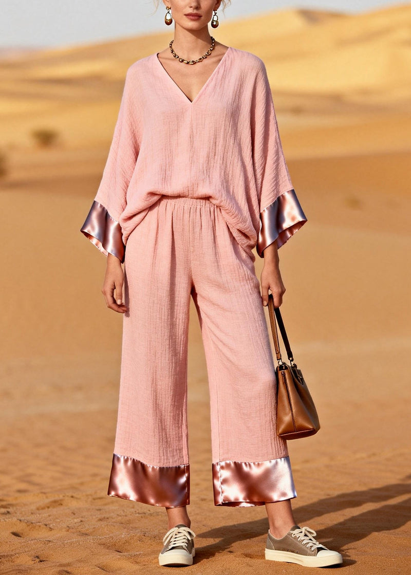 Pink V Neck Patchwork Cotton Two Piece Set Clothing Spring
