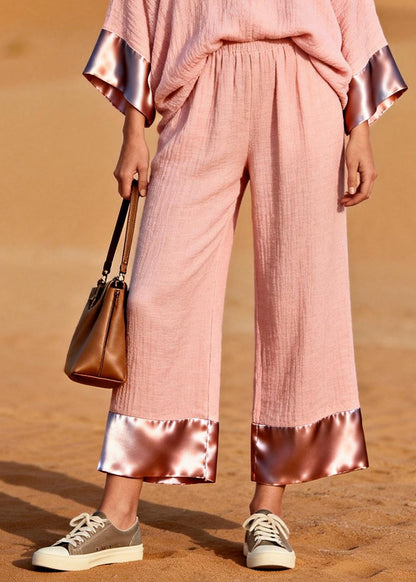 Pink V Neck Patchwork Cotton Two Piece Set Clothing Spring