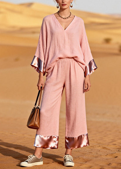 Pink V Neck Patchwork Cotton Two Piece Set Clothing Spring