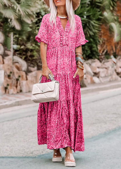 Pink V Neck Print Long Dresses Summer