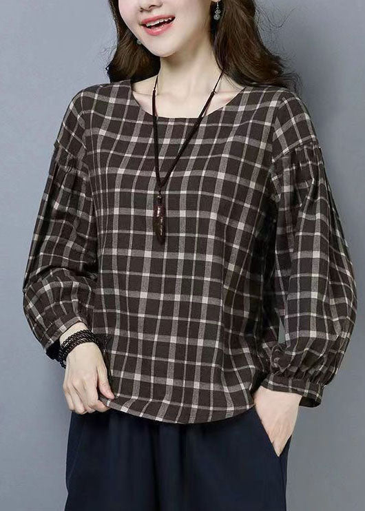 Plaid O Neck Patchwork Cotton T Shirts Tops Long Sleeve