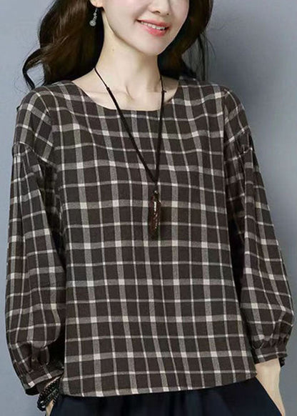 Plaid O Neck Patchwork Cotton T Shirts Tops Long Sleeve