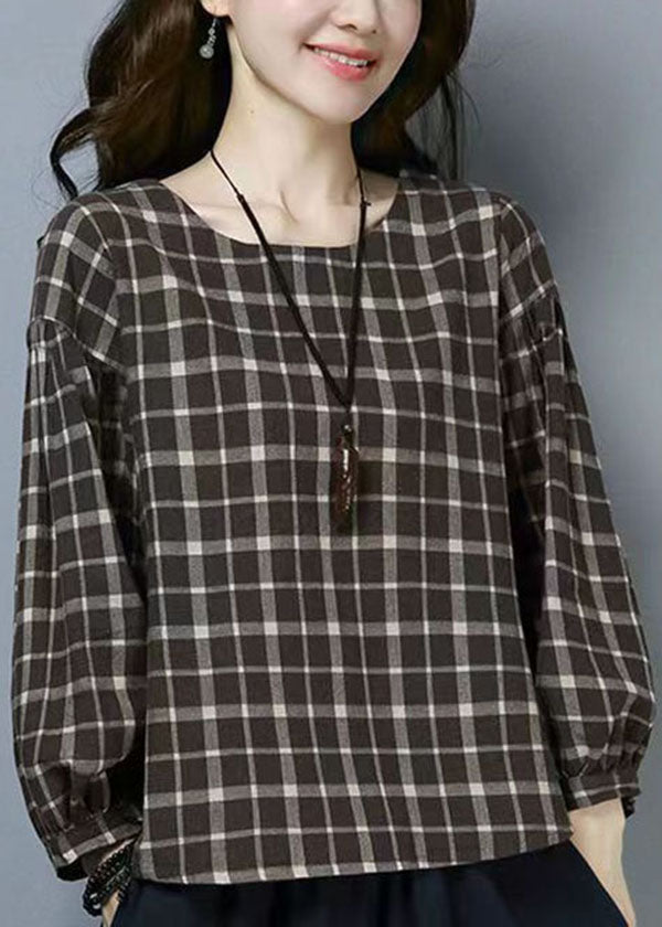 Plaid O Neck Patchwork Cotton T Shirts Tops Long Sleeve