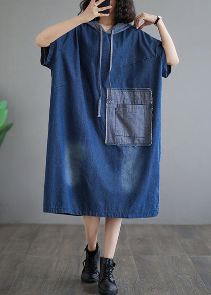 Blue Hooded Patchwork Denim Dress Summer