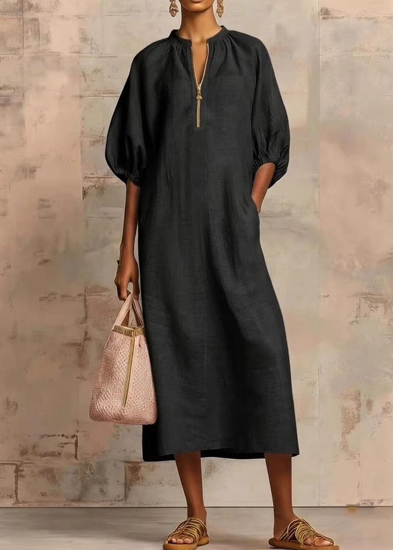 Pink Zip Up Puff Sleeve Cotton Dresses