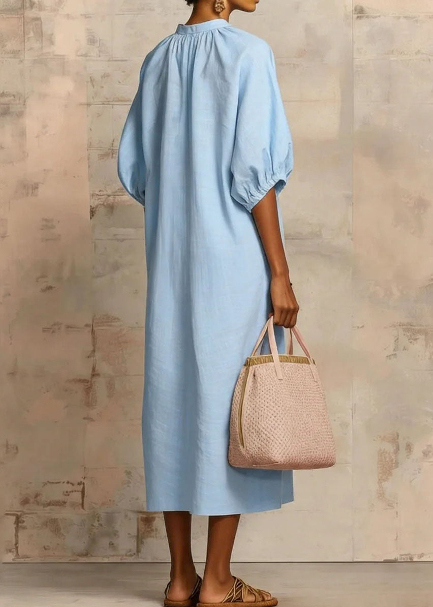Pink Zip Up Puff Sleeve Cotton Dresses