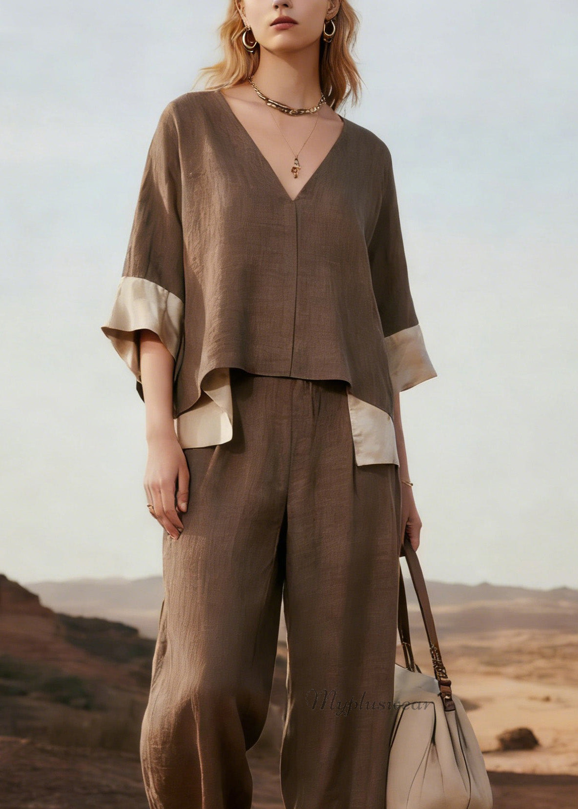 V Neck Patchwork Linen Two Pieces Set Summer